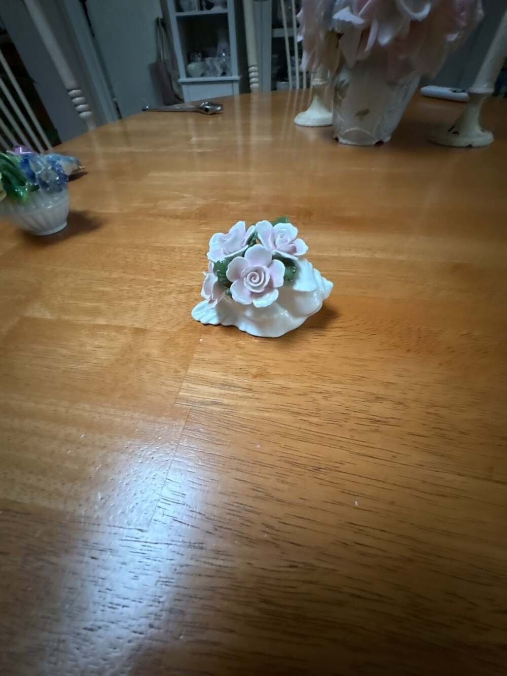 Vintage Aynsley Bone China Conch Shell Figurine with Pink Rose Bouquet